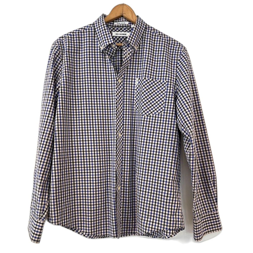 Ben Sherman House Check Dress Shirt Navy Black White XL Cotton